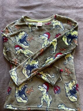 Cat & Jack Olive Green Dino Fleece Hoodie Top with Red Accents